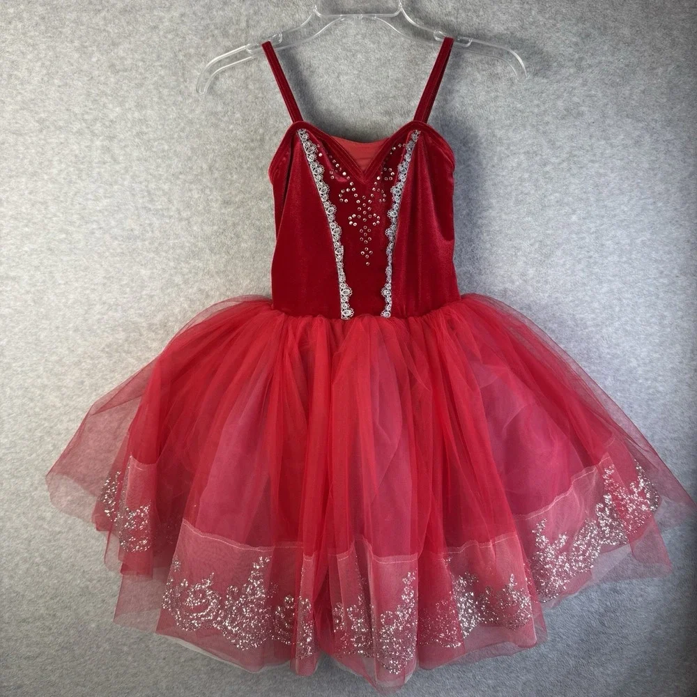 Weissman Ballet Dance Costume Red Tutu Medium Child Rhinestones Glitter Silver